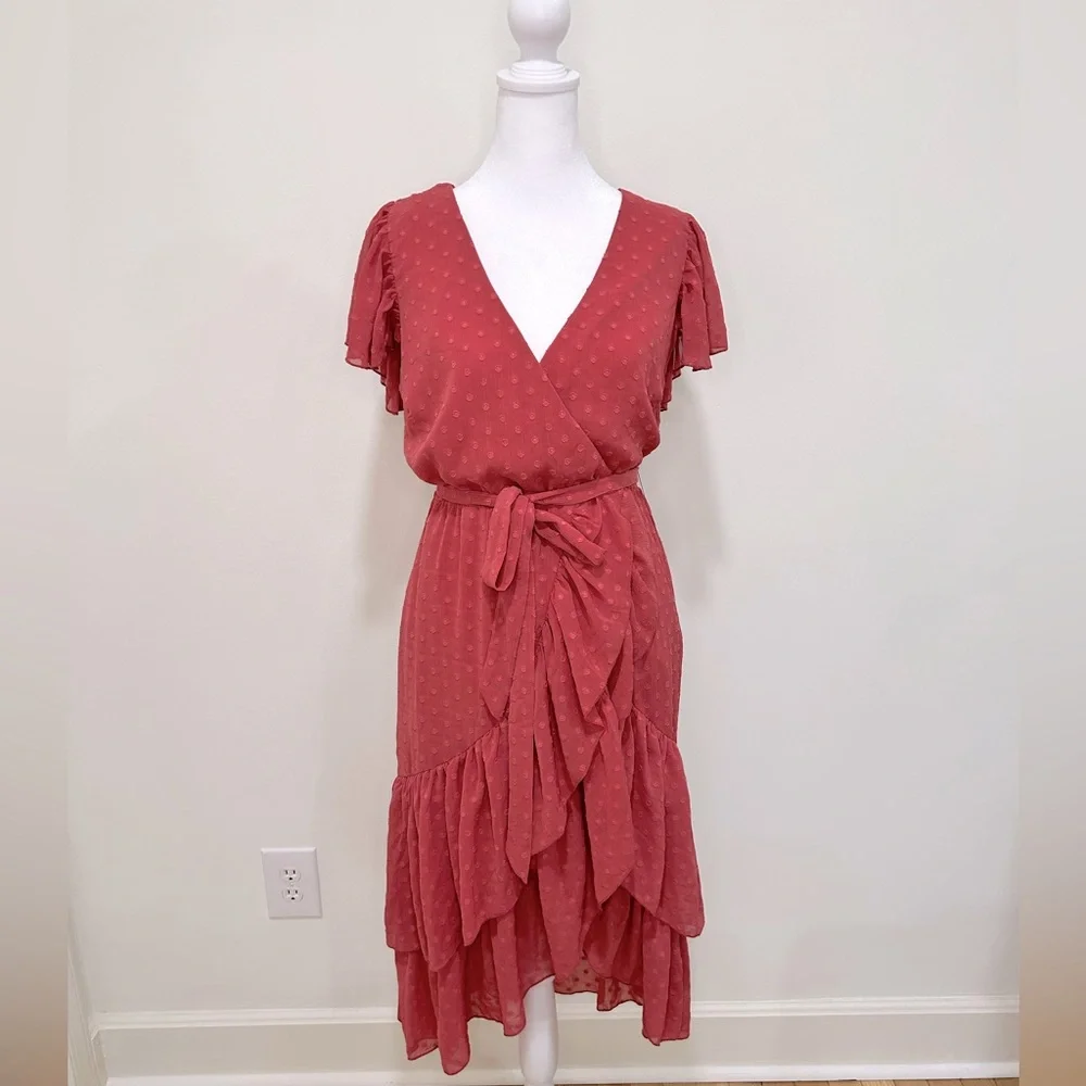 Lulus Mauve Have Harmony Swiss Dot Ruffled Faux Wrap Midi Dress - Picture 1 of 5